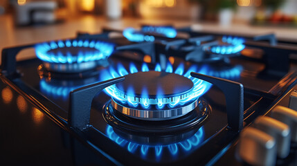  Close-up of gas stove with bright blue flames for kitchen and food concepts