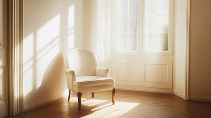 Cozy sunlit armchair in minimalist living room with soft natural light