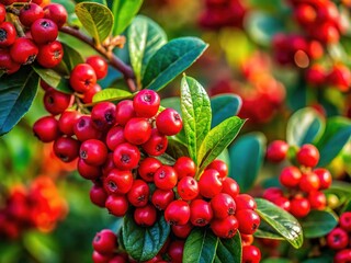Obraz premium Lush branches adorned with vibrant berries and fresh green leaves, perfect for capturing the essence of nature in seasonal photography and botanical themes.
