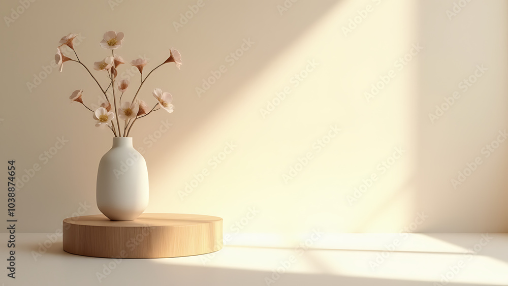 Poster natural light highlights minimalist wood and vase on empty podium showcasing a simple product presen