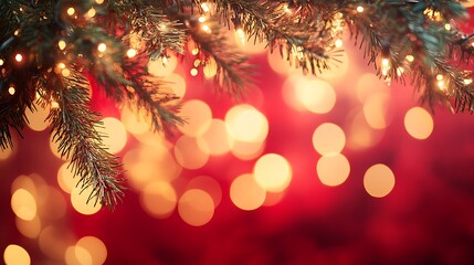Obraz premium A glowing festive frame with pine branches and soft golden bokeh lights on a vibrant red holiday backdrop.