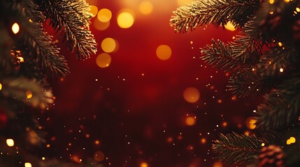 A glowing festive frame with pine branches and twinkling golden bokeh lights on a rich red holiday background.