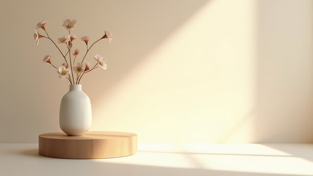 Natural light highlights minimalist wood and vase on empty podium showcasing a simple product presentation setup.
