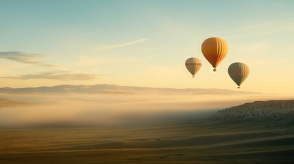Fototapeta premium Three hot air balloons soaring in the foggy morning over a mountain range with low-lying clouds in the foreground