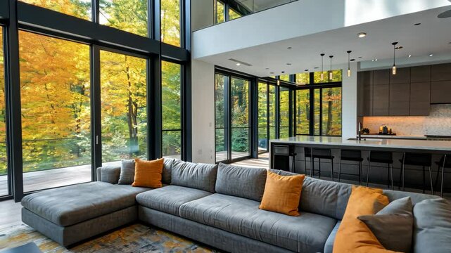 A modern living room with large windows overlooking fall foliage