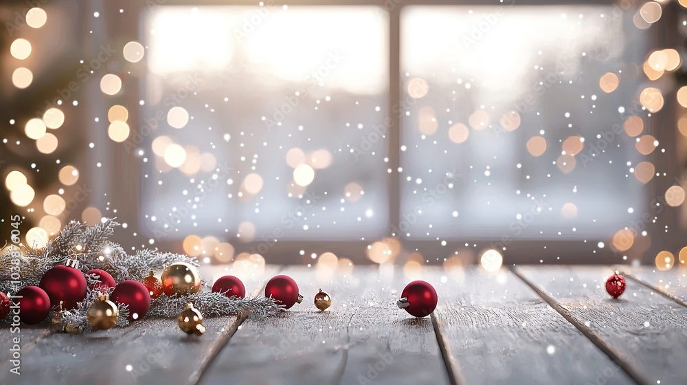 Poster a wooden table adorned with ornaments sits in front of a christmas tree illuminated by bokeh lights 
