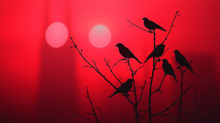 Silhouettes of Birds at Sunset on a Red Sky