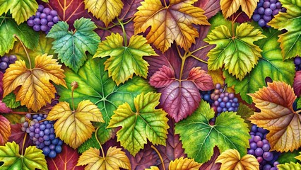 Fototapeta premium Seamless grape leaves wallpaper pattern perfect for elegant home decor; nature-inspired aesthetic enhances interior design projects with a touch of sophistication and tranquility.