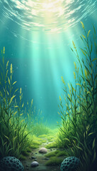 Fototapeta premium Serene underwater scene with sunlight beams and lush aquatic plants