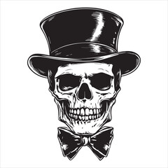 Skull with Top Hat Vector Sticker, Black and White Clip Art on a White Background.
