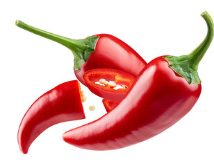Falling bursting chili peppers on white and transparent background
