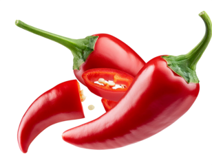 Falling bursting chili peppers on white and transparent background