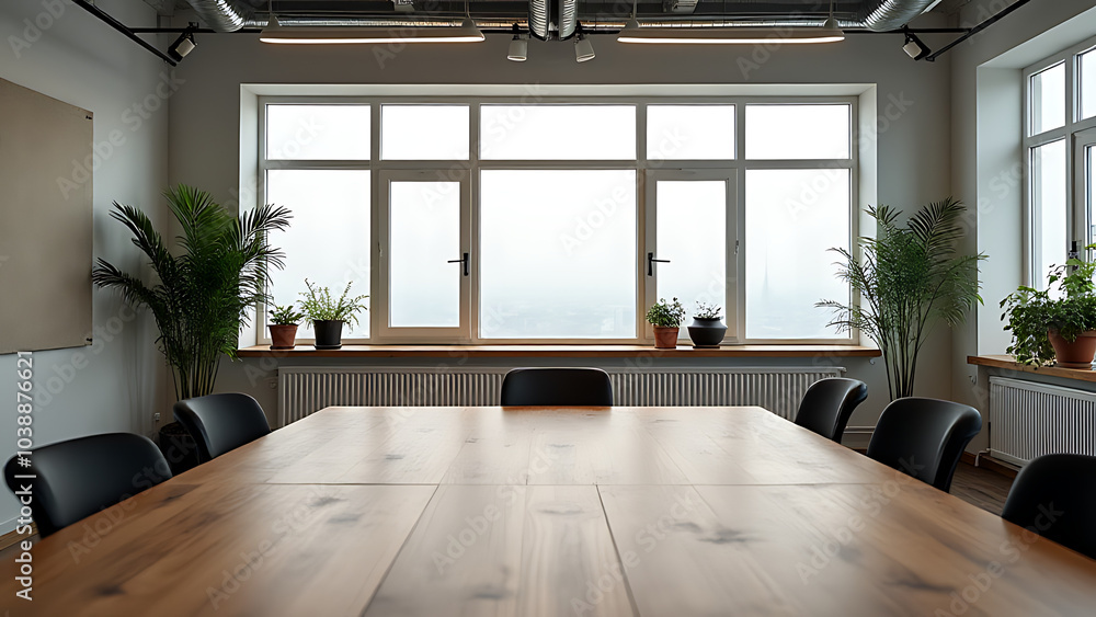 Aufkleber Office room with wooden table has space for product presentation near large empty windows and is set up as a workshop interior setting area.