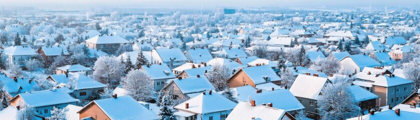 Fototapeta premium A panoramic winter cityscape, with snowcovered rooftops and streets glistening in the cold air