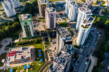 Aerial view of modern high-rise apartment buildings, urban real estate in a residential area