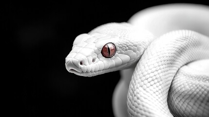 Fototapeta premium White snake with a red eye in focus against a black backdrop