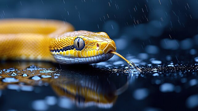   A yellow snake, shot from above, rests atop a damp floor; droplets of water spread outward on the slick surface The scene is set against a dark backdrop