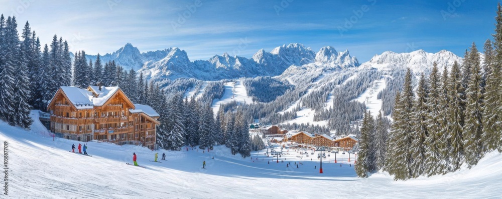 Wall mural A ski resort nestled in the mountains, with slopes and snowladen trees in a wide panoramic view