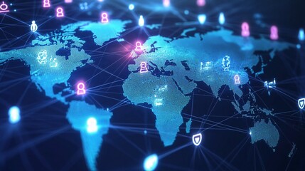 A digital illustration of a connected world with glowing lines and symbols.