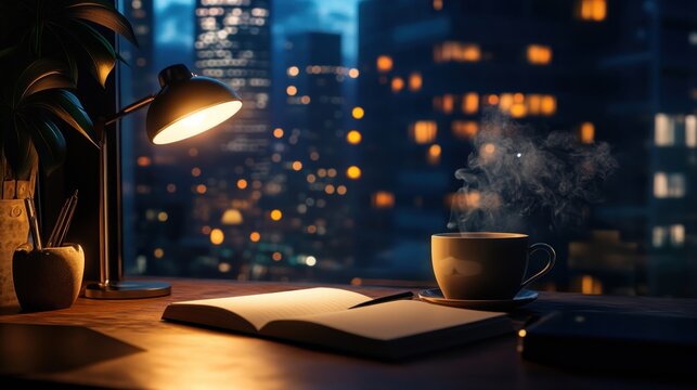 A cozy workspace with a steaming cup of coffee and a notebook, overlooking a cityscape at night.