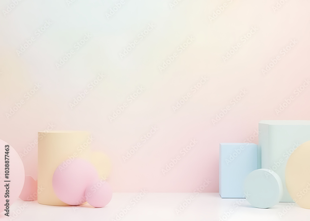 Poster Pastel geometric shapes in a minimalist scene create a visually appealing product mockup background for presentations and marketing materials.