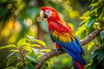 Obraz premium Stunning Scarlet Macaw in Vibrant Colors Resting on Tree Branch in Dappled Morning Light in Lush Costa Rica Environment