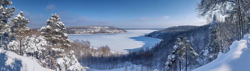 A sweeping panoramic view of a winter wonderland, with snowcovered trees, hills, and a frozen lake shimmering in the distance