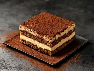 Tiramisu. The most popular Italian dishes. Layered dessert in a rectangular dish, dusted with cocoa powder. Composition: Coffee-soaked ladyfingers, mascarpone cheese, cocoa powder, sugar, eggs.