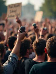 People hold microphones during rallies and protests for attention and impact on a large audience.