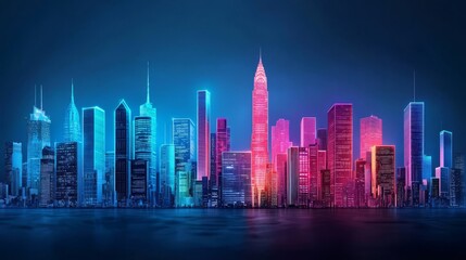 Obraz premium A vibrant city skyline illuminated with colorful neon lights, showcasing modern architecture against a starry night sky.