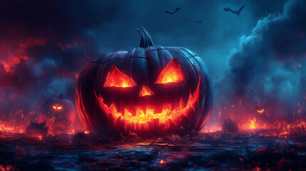 Naklejka premium Halloween cyberpunk banner with copy space, Jack-o'-lantern, dark background