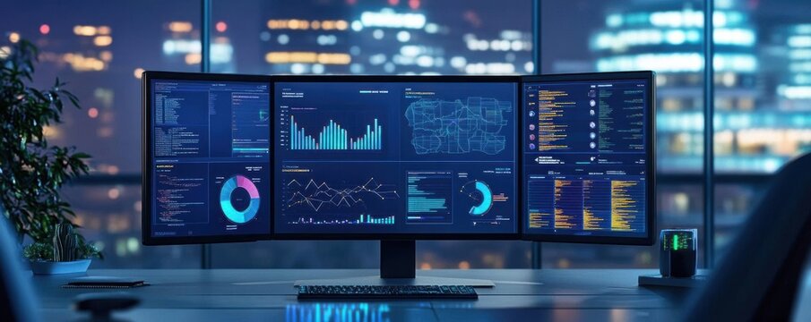 Cyber resilience dashboard, tracking secure server uptime, threat intelligence displayed on screen, vibrant colors, soft lighting, high detail, clean