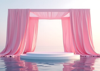 Pink draped fabric drapes around a circular podium on calm waters.