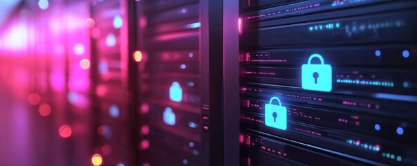 Obraz premium Data protection system with multiple layers of encryption, glowing security icons, secure cloud servers in the background, high detail, clean and technical