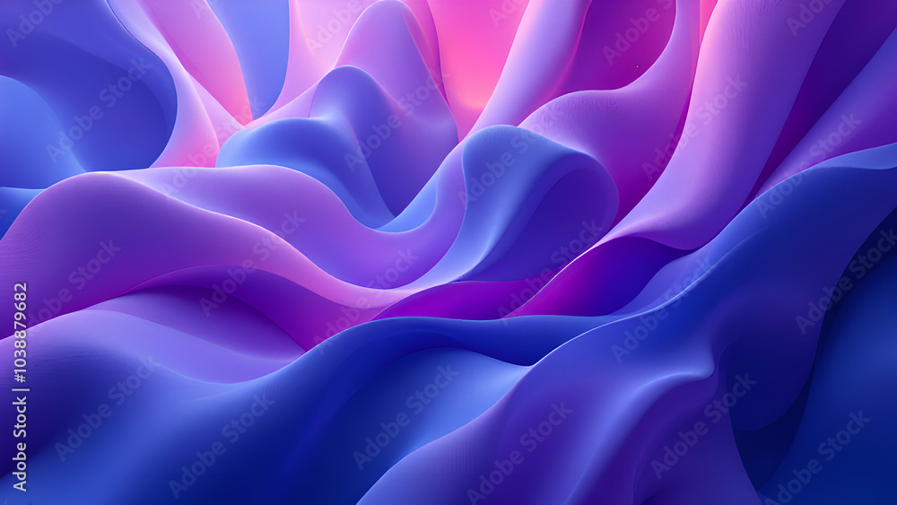 Poster an abstract image featuring a flowing, dynamic pattern of smooth, undulating waves in shades of purp