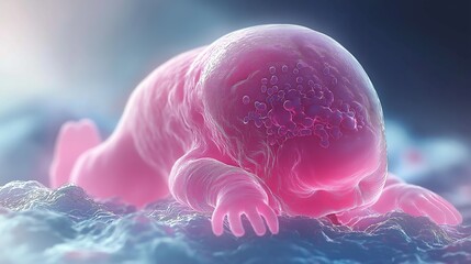 Microscopic view of a small pink life form, representing scientific research and exploration of biological organisms at the cellular level in microbiology studies, Generative Ai