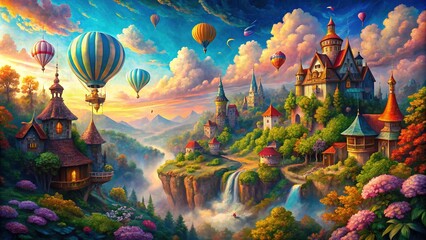 Fototapeta premium Whimsical original painting capturing the essence of a classic fantasy realm, brimming with enchantment and wonder, evoking the charm of vintage artistry for dreamers.