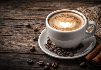 Fototapeta premium Cup of coffee on wooden table with cinnamon. the coffee cup is in the corner. A white coffee cup with a heart on top of it is sitting on a wooden table with coffee grounds and cinnamon.