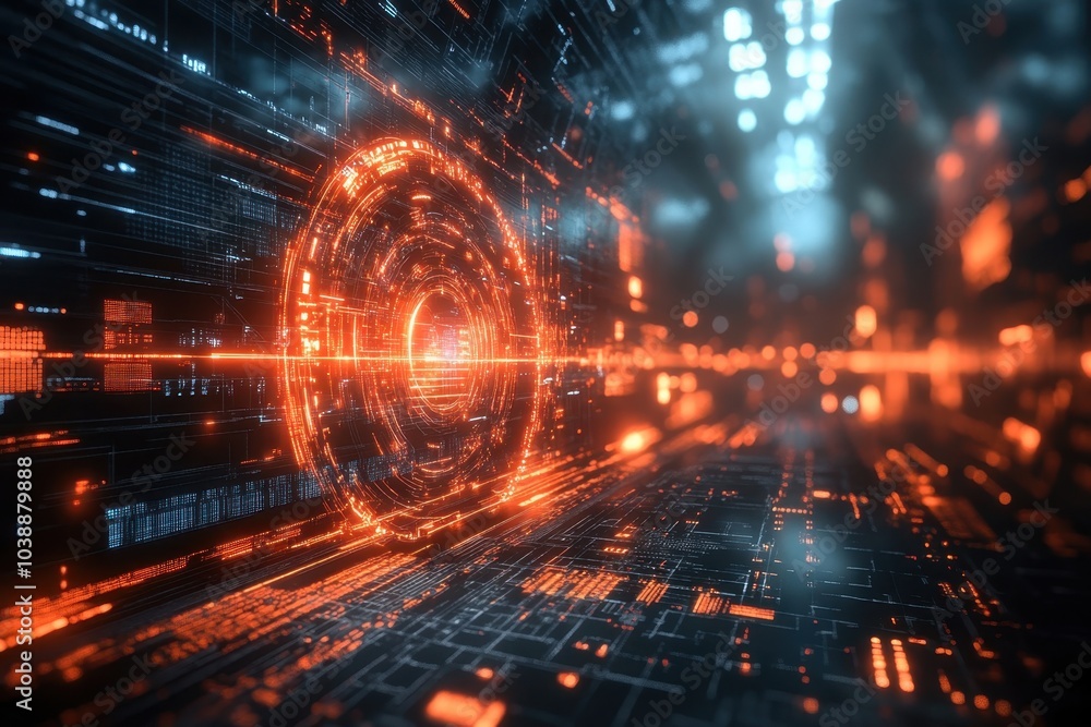Poster futuristic digital landscape with glowing circuits and vibrant data streams in a cyber environment