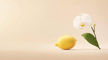   A lemon beside a white blossom and a lemon on a light taupe canvas with a soft pink background
