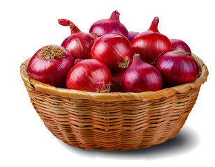 Straw basket of red onions isolated on transparent background PNG file
