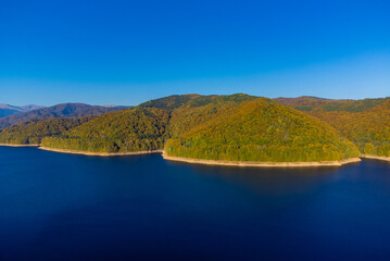 Panoramic landscape with Vidraru lake - Romania in autumn seen from above