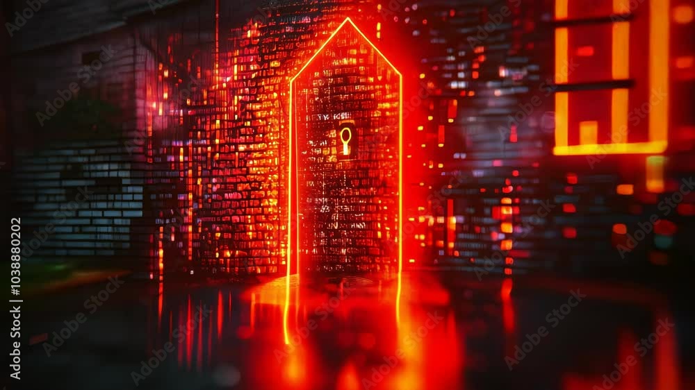Poster futuristic home security concept render with digital lock symbol and illuminated house in dark setti