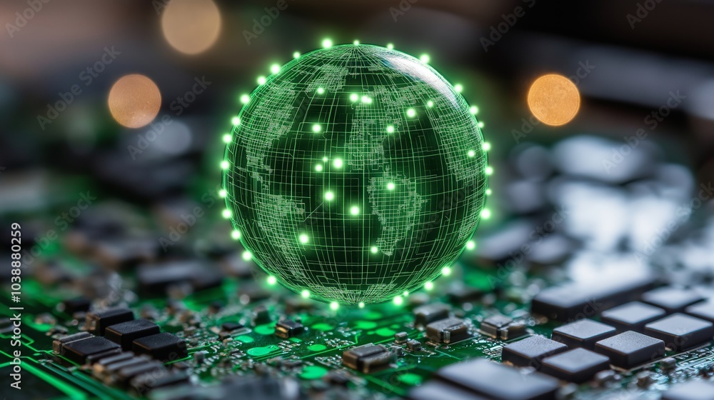 Leinwandbilder a glowing green digital globe hovering over a circuit board, symbolizing the interconnectedness of g