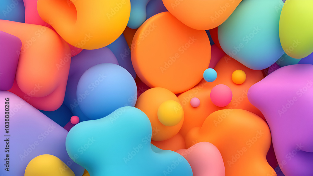 Aufkleber a vibrant abstract background featuring a cluster of overlapping 3d shapes and spheres in various sh
