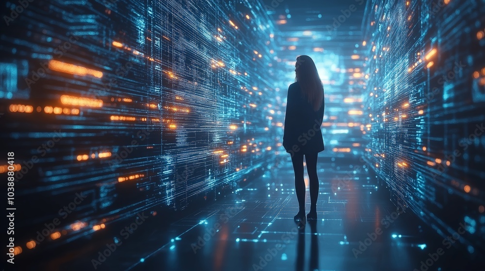 Poster a woman standing in a glowing digital hallway, representing the immersive and futuristic realm of te