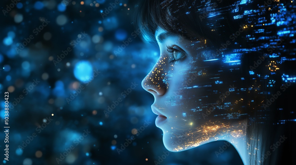 Poster profile of a woman surrounded by glowing digital technology, symbolizing the fusion of humanity and 