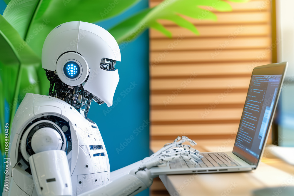 Poster a humanoid robot working on a laptop in a modern office setting with plants in the background