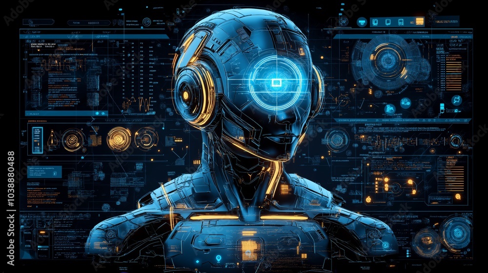 Aufkleber Futuristic robot standing in a high-tech control center, surrounded by data screens, symbolizing advanced artificial intelligence and cybernetic systems, Generative Ai