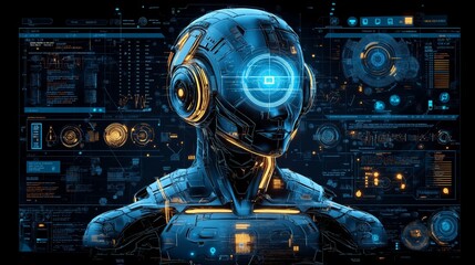 Futuristic robot standing in a high-tech control center, surrounded by data screens, symbolizing advanced artificial intelligence and cybernetic systems, Generative Ai